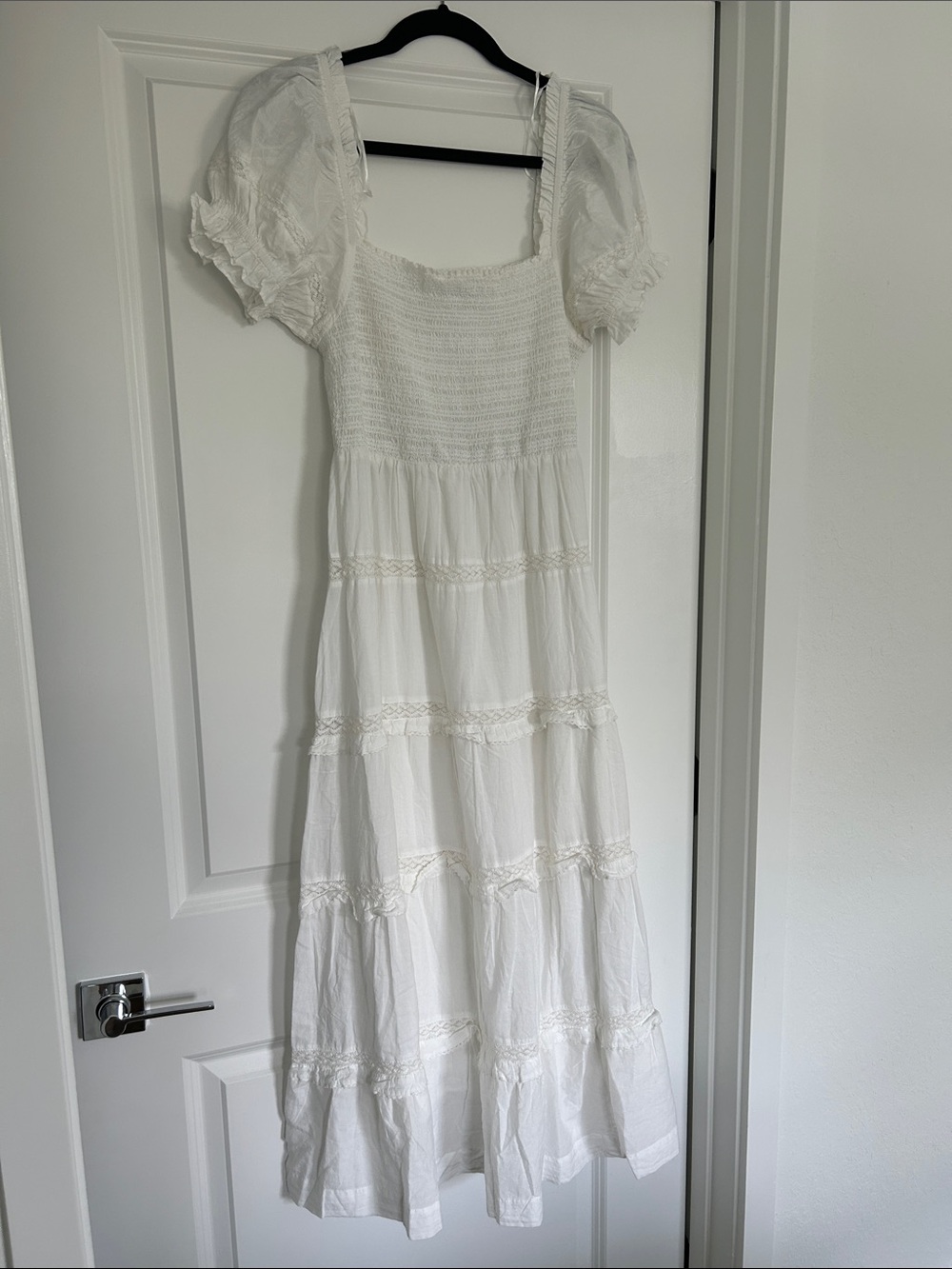 Astr White Smocked Tiered Maxi Dress with Puff Sleeves